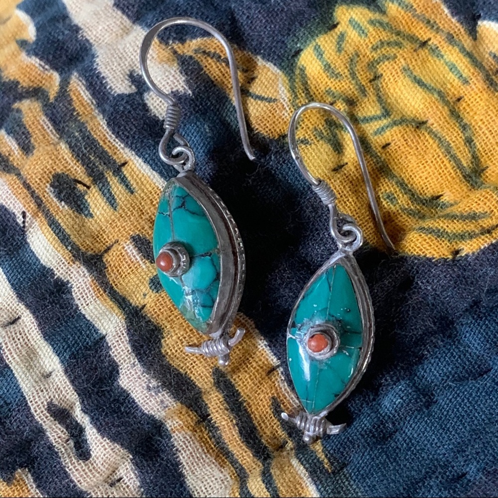 Sterling Silver, Turquoise & Res Coral Earrings